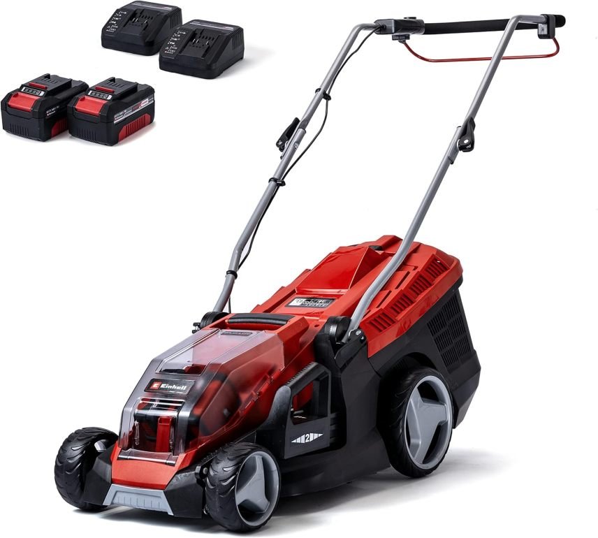 Einhell GE-CM 36/36 Li Kit Power X-Change Tondeuse sans fil 36 V – Largeur 36 cm, jusqu’à 400 m², moteur sans balais, bac 40 L, hauteur 25-75 mm