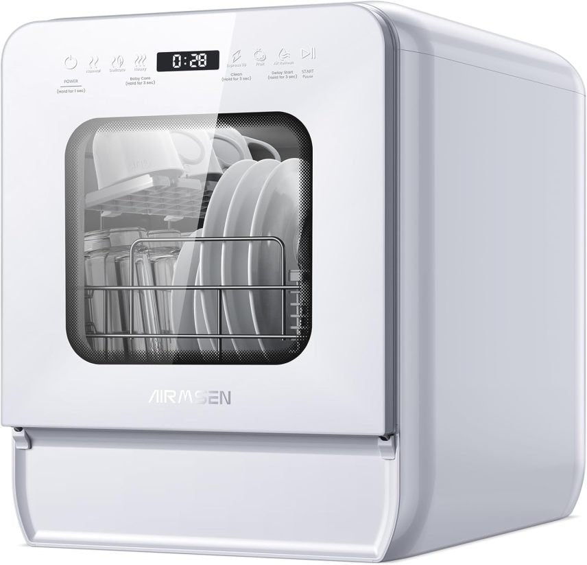 AIRMSEN Mini lave-vaisselle de comptoir avec réservoir d’eau et liquide de rinçage, 9 programmes, 37 × 50 cm, format ultra-étroit, minuterie 1-24 h