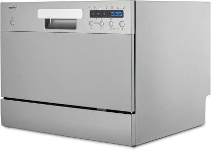 MEDION DWT60 Mini lave-vaisselle de table – 6 couverts, 7 programmes, Eco, env. 6,5 L, AquaStop, écran LED, sécurité enfant, MD37496, argent