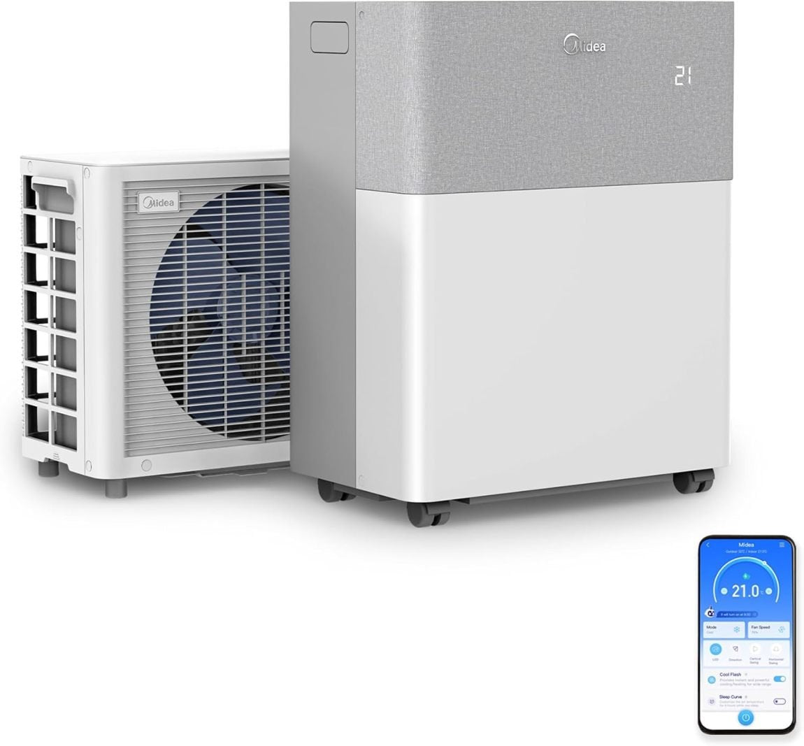 Midea PortaSplit Climatiseur mobile avec pompe à chaleur – Froid A++/chauffage A+, 12 000 BTU, 3,5 kW, jusqu’à 42 m²/105 m³, seulement 39 dB(A) en