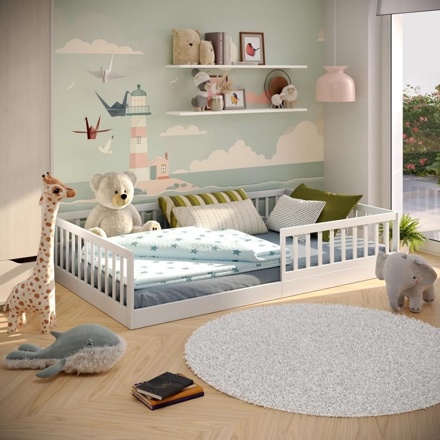 CADANI Timi Lit au sol Montessori 2-en-1 140 × 200 cm – Lit enfant en pin massif avec barrière anti-chute amovible et sommier à lattes, blanc
