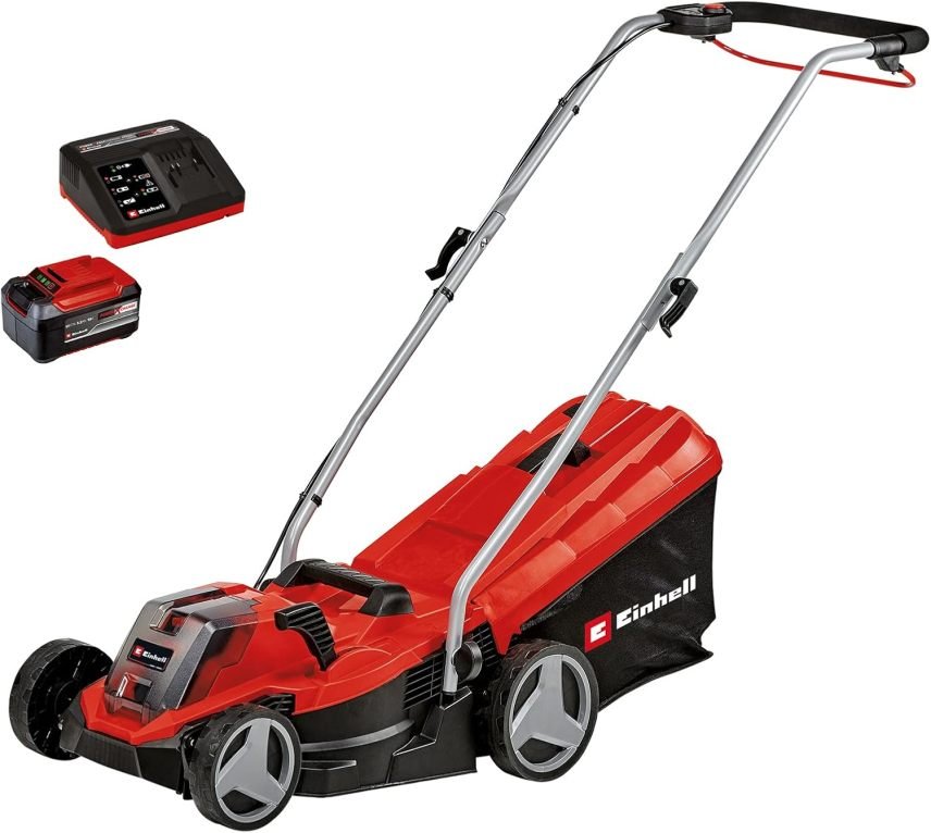 Einhell GE-CM 18/33 Li Kit Power X-Change Tondeuse sans fil 18 V – Largeur de coupe 33 cm, jusqu’à 200 m², moteur sans balais, bac 30 L, hauteur