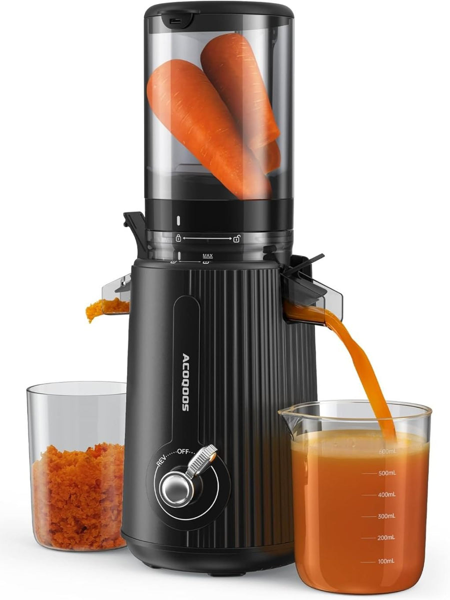 ACOQOOS Extracteur de jus lent pour fruits et légumes, grande ouverture 110 mm, facile à nettoyer, 2 récipients, noir