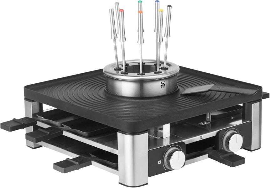WMF Lumero Station Gourmet 3-en-1 pour 8 personnes – Raclette et fondue, température réglable, éclairage, 1800 W, inox mat