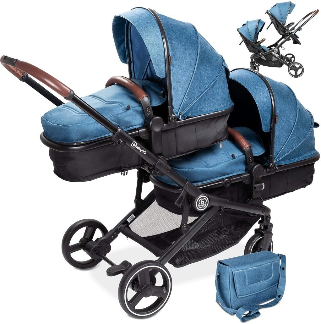 babyGO Poussette double 3-en-1 pour jumeaux/fratrie – Pour 2 enfants avec nombreux accessoires, bleu chiné, sans coque auto