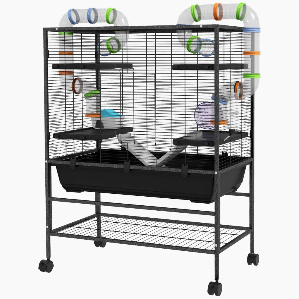 PawHut Cage pour hamster avec tubes, roue, roulettes et étagère