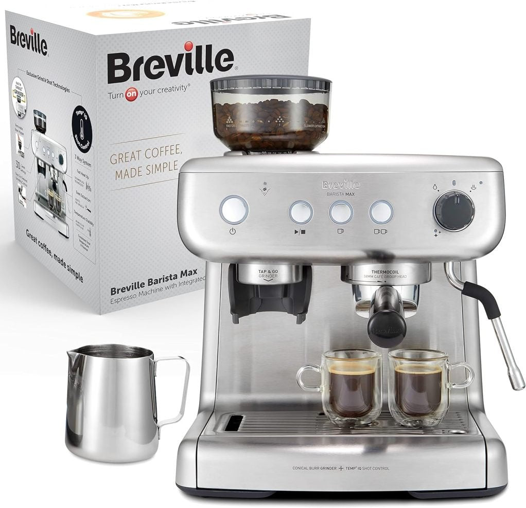 Breville Barista Max Machine à expresso avec porte-filtre | Broyeur intégré et mousseur à lait | Réservoir 2,8 L | Pompe italienne 15 bar | Acier