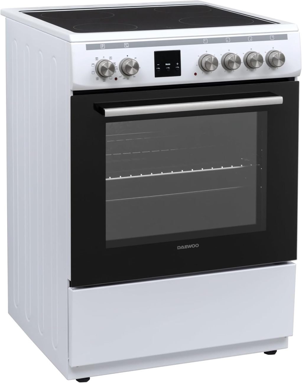 Daewoo F6EV22WL3DE Cuisinière pose libre avec plaque vitrocéramique, classe A, four 65 L, 8 modes de cuisson, émail facile à nettoyer, 4 zones